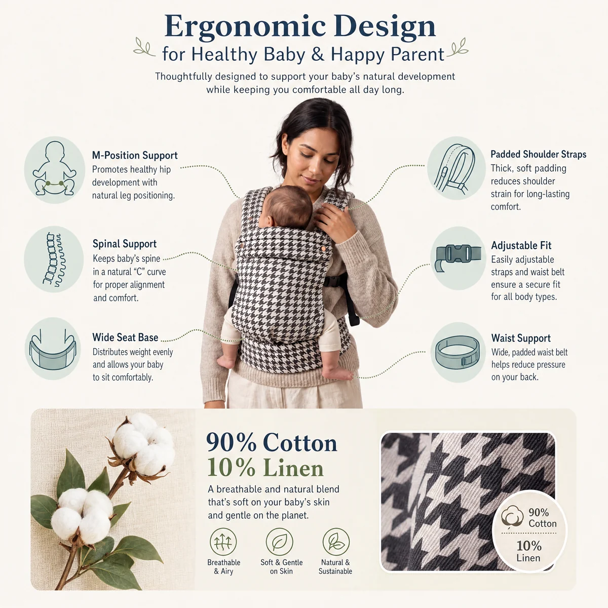 Guide to the ergonomic carrier design and 90% cotton, 10% linen fabric